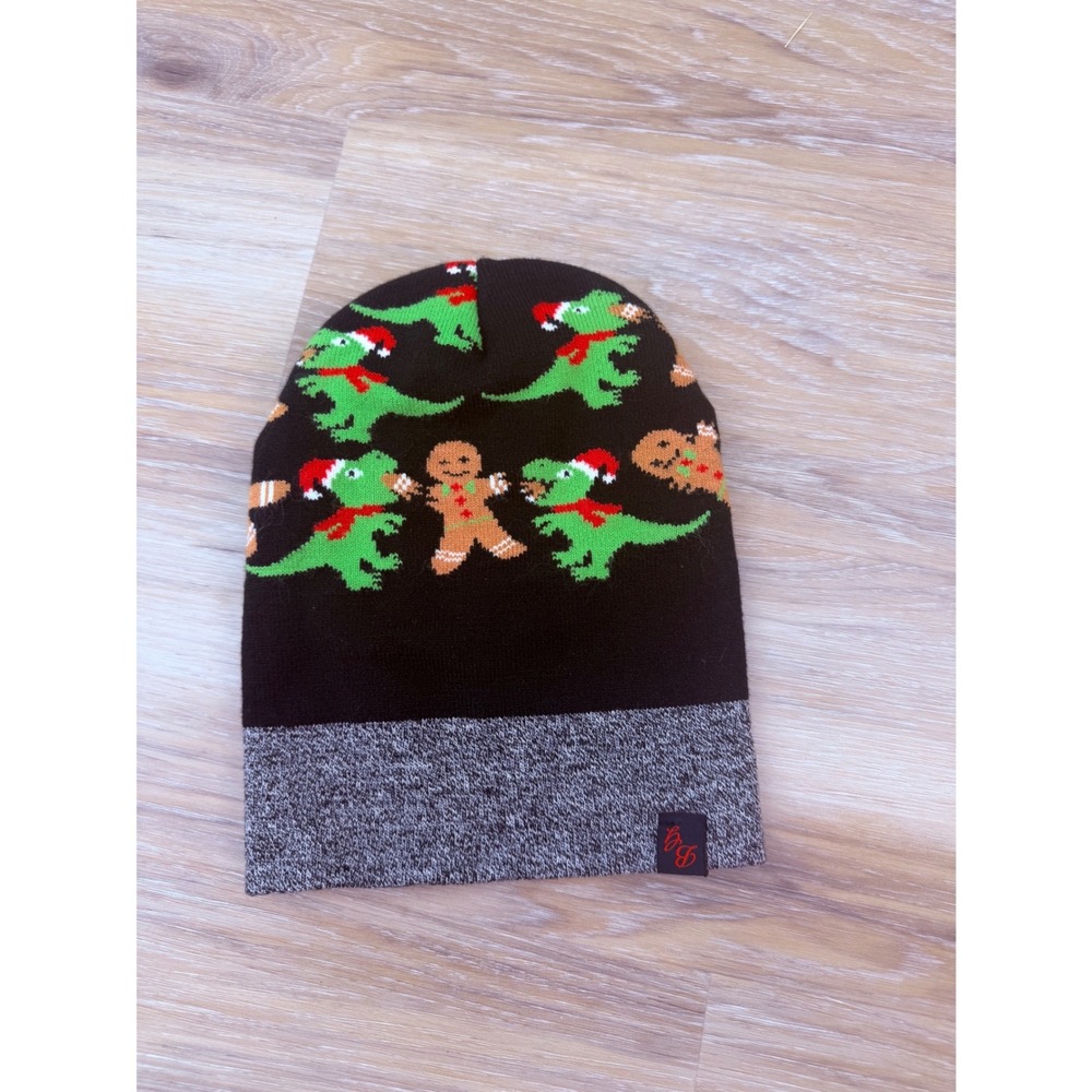 BB Holiday Dinosaur Gingerbread Beanie Unisex OS Black Grey Excellent Christmas